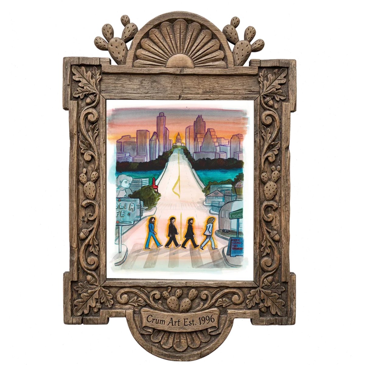 South Congress Beatles — Austin art print by Caya Crum in a carved wood frame