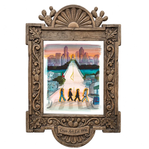 South Congress Beatles — Austin art print by Caya Crum in a carved wood frame