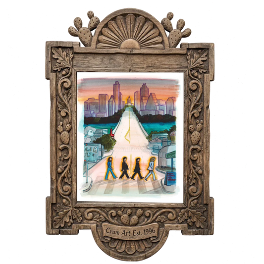 South Congress Beatles — Austin art print by Caya Crum in a carved wood frame