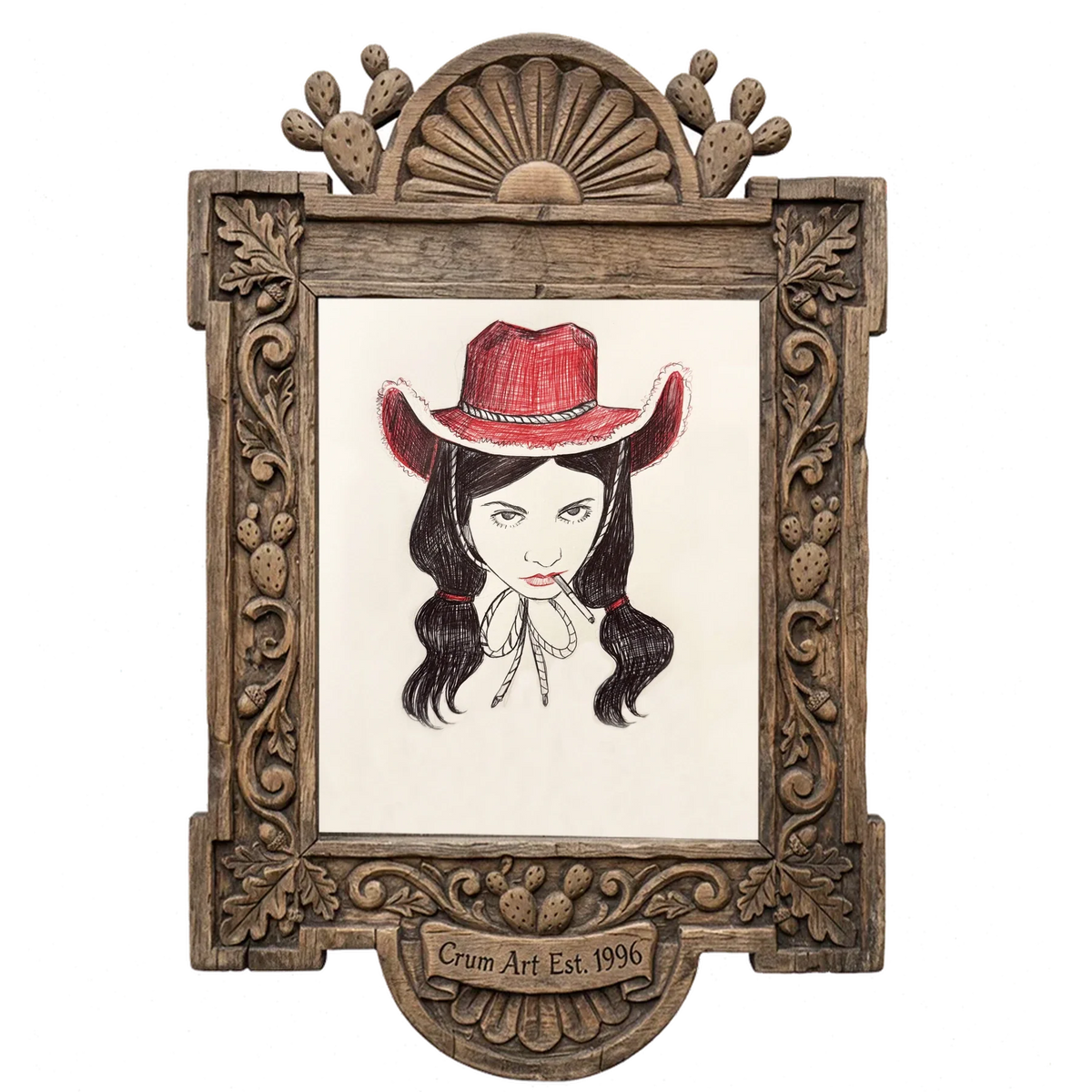 Tavi — cowgirl art print by Caya Crum in a carved wood frame