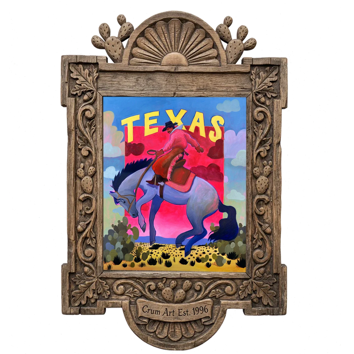 Bronc Buster Cosmic — western art print by Caya Crum in a carved wood frame