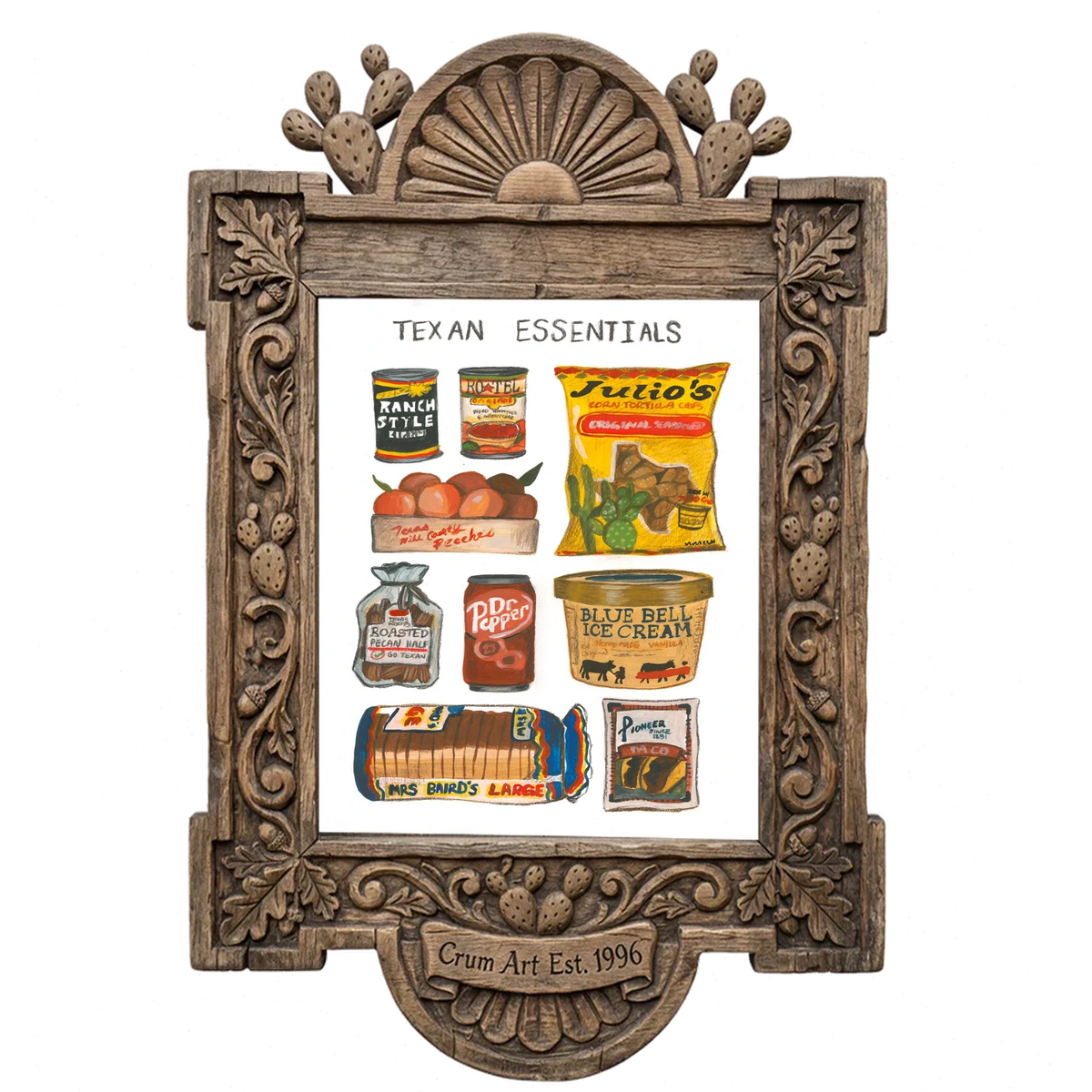 Texas Essentials — Texas art print by Caya Crum in a carved wood frame