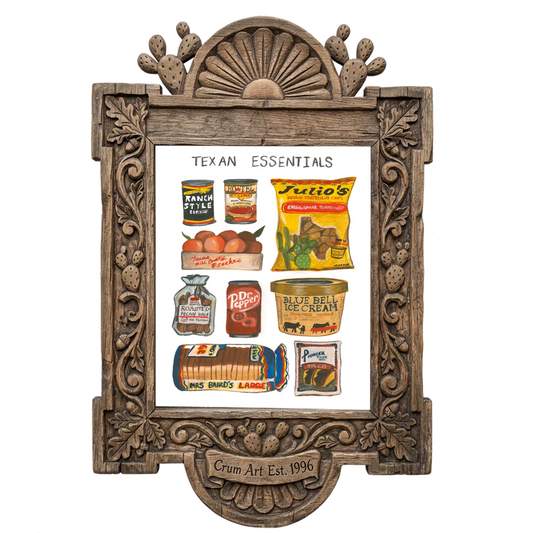 Texas Essentials — Texas art print by Caya Crum in a carved wood frame