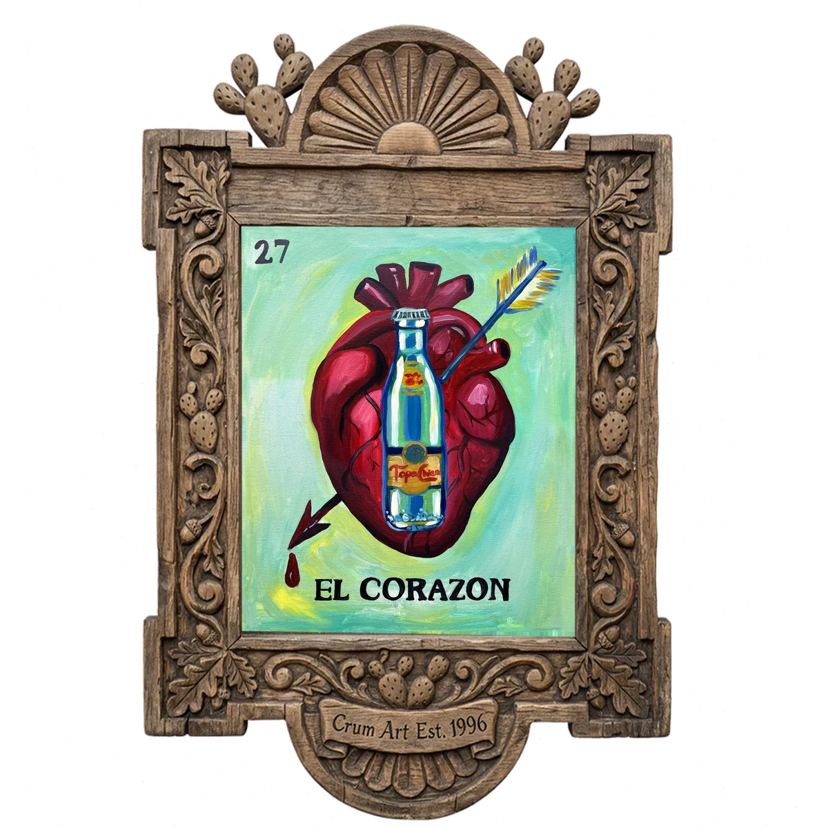 Lotería El Corazón — Topo Chico art print by Caya Crum in a carved wood frame