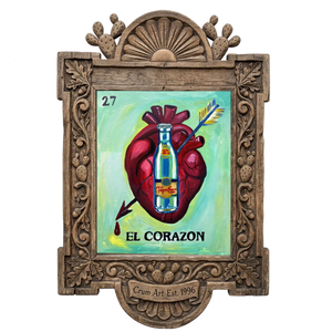 Lotería El Corazón — Topo Chico art print by Caya Crum in a carved wood frame