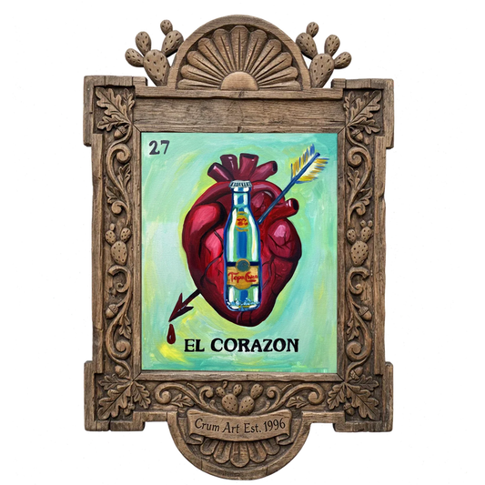Lotería El Corazón — Topo Chico art print by Caya Crum in a carved wood frame