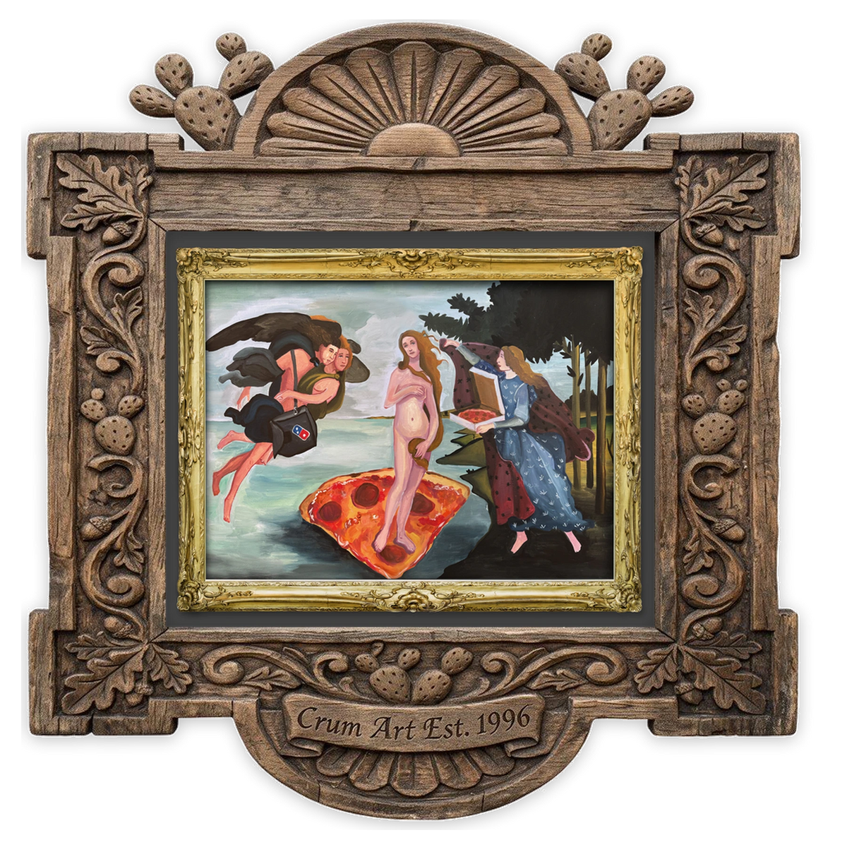 Venus de Milo & Pizza — old masters art print by Caya Crum in a horizontal carved wood frame