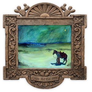 Cowboy with a Baguette at Night — cowboy art print by Caya Crum in a horizontal carved wood frame