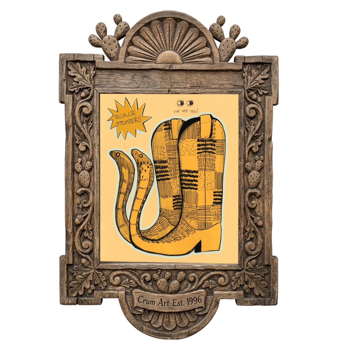 Roach Stompers Boots — cowboy boot art print by Caya Crum in a carved wood frame