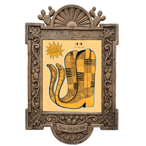 Roach Stompers Boots — cowboy boot art print by Caya Crum in a carved wood frame
