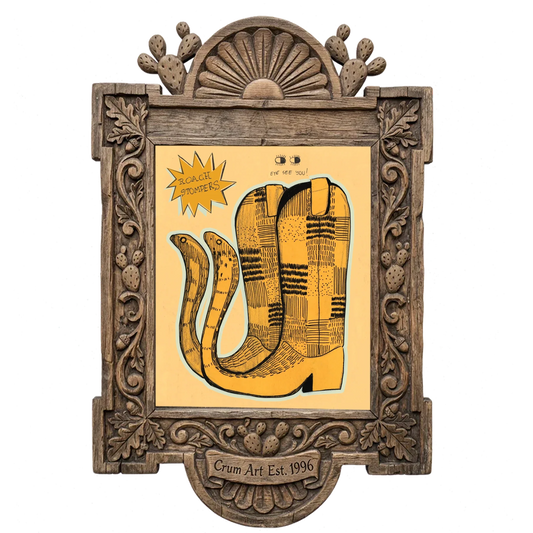 Roach Stompers Boots — cowboy boot art print by Caya Crum in a carved wood frame