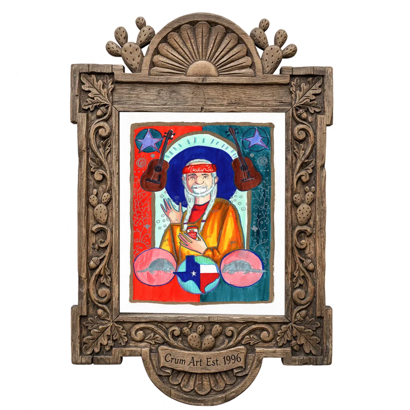 Saint Willie Nelson — music wall art print by Caya Crum in a carved wood frame