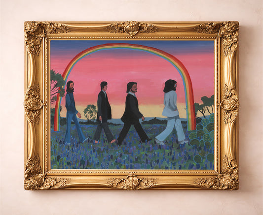 Texas bluebonnet wall art Abbey Road Beatles print by Caya Crum in a gold frame room scene