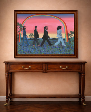 Texas bluebonnet wall art Abbey Road Beatles print by Caya Crum shown horizontal in a styled room