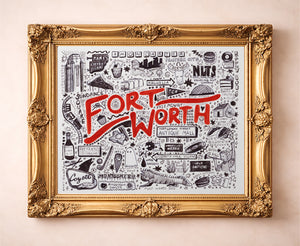 Fort Worth icons pen and ink art print by Caya Crum in a gold frame, hand-drawn city landmarks