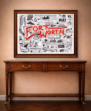 Fort Worth pen and ink icons art print by Caya Crum shown in a horizontal frame