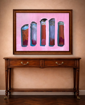 Weirdcore wall art print Pink Cigarette Romance by Caya Crum shown horizontal in a styled room