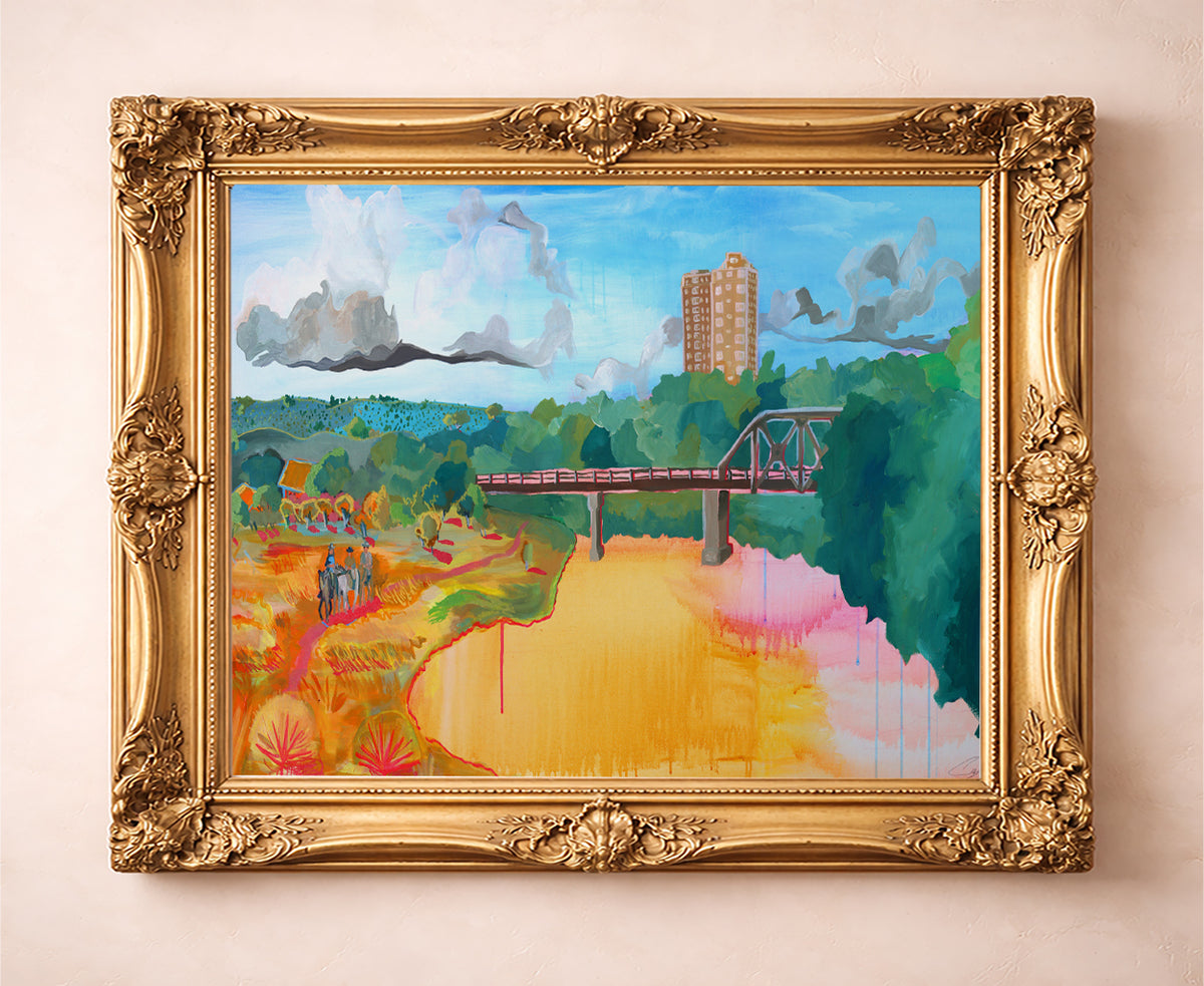 Fort Worth wall art Trinity River TCU print by Caya Crum in a gold frame room scene