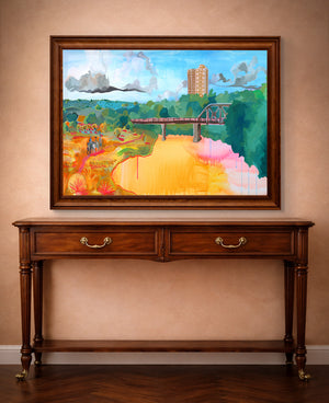 Fort Worth wall art Trinity River TCU print by Caya Crum shown horizontal in a styled room