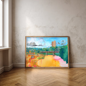 Fort Worth wall art Trinity River TCU print by Caya Crum framed room mockup