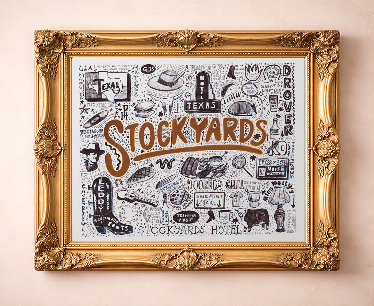 Fort Worth Stockyards pen and ink art print by Caya Crum in a gold frame
