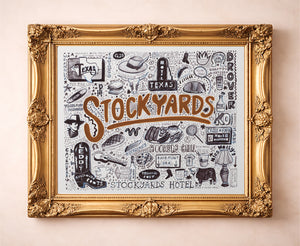 Fort Worth Stockyards pen and ink art print by Caya Crum in a gold frame