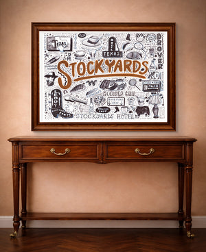 Stockyards pen and ink print by Caya Crum shown in a horizontal frame