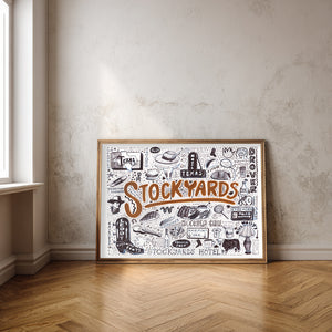 Fort Worth Stockyards hand-drawn art print by Caya Crum, hand-signed fine art print
