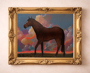 Horse and clouds western art print by Caya Crum in a gold frame