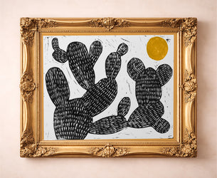 Cosmic prickly pear cactus with yellow sun art print by Caya Crum in an 11x14 gold frame, woodcut style