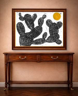 Cactus Art Print – Cosmic Prickly Pear Yellow Sun Western Wall Art | Caya Crum
