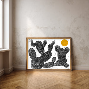 Cactus Art Print – Cosmic Prickly Pear Yellow Sun Western Wall Art | Caya Crum