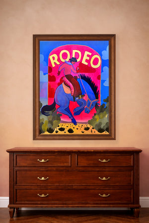 Rodeo Sign Bronco Buster by Caya Crum, shown in a room