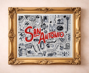 San Antonio icons pen and ink art print by Caya Crum in a gold frame, hand-drawn city landmarks
