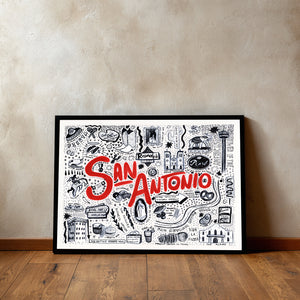 San Antonio icons art print by Caya Crum shown in a horizontal frame mockup