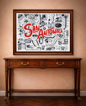 Hand-drawn San Antonio landmarks art print by Caya Crum framed horizontally