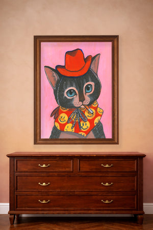 Smoking Cowboy Cat Art Print – Grey Tabby Blue Eyes | Caya Crum