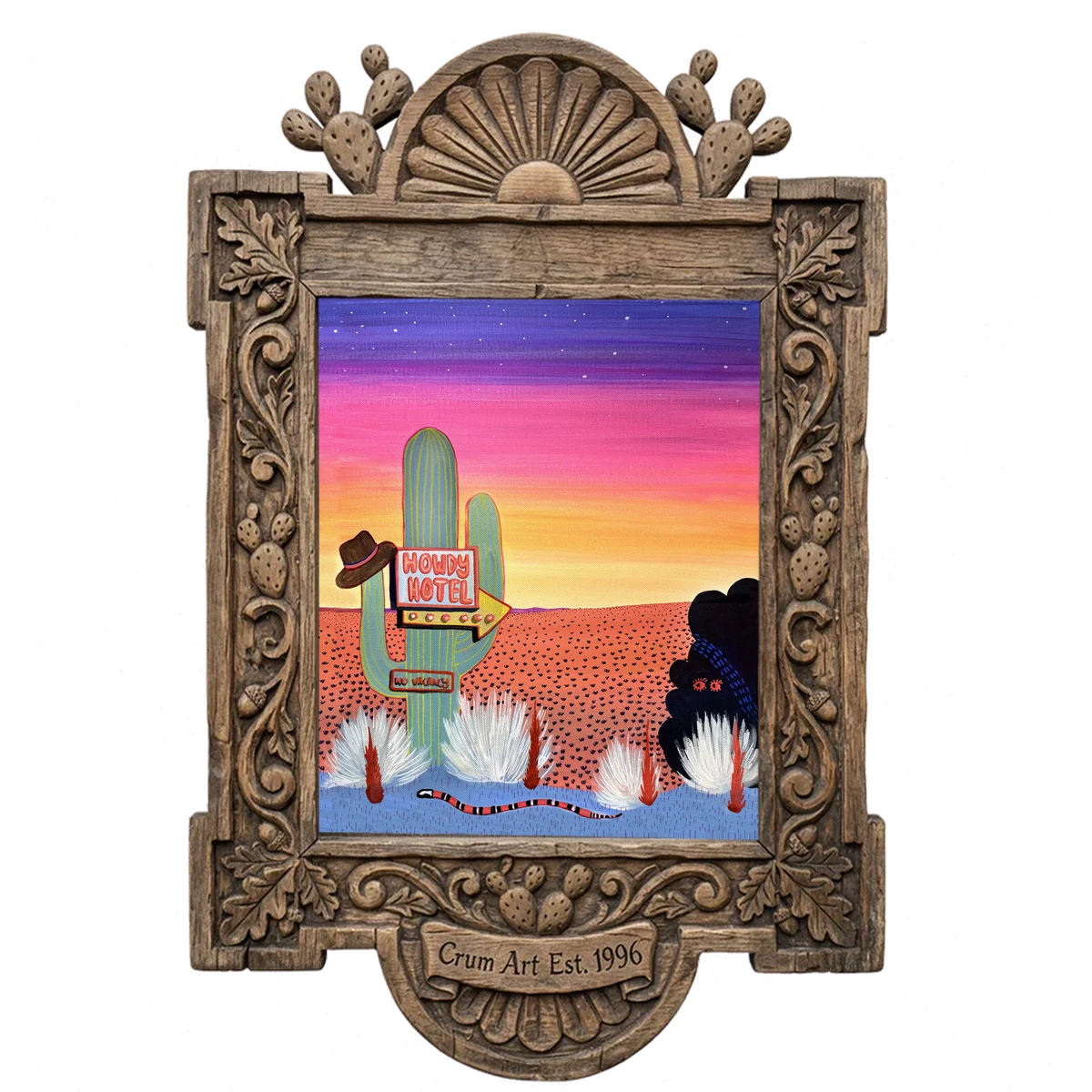 Howdy Hotel Neon — cactus art print by Caya Crum in a carved wood frame