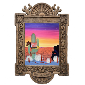 Howdy Hotel Neon — cactus art print by Caya Crum in a carved wood frame