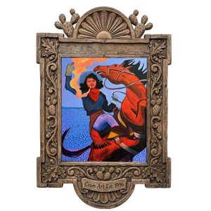 Mildred Free & Wild — cowgirl art print by Caya Crum in a carved wood frame