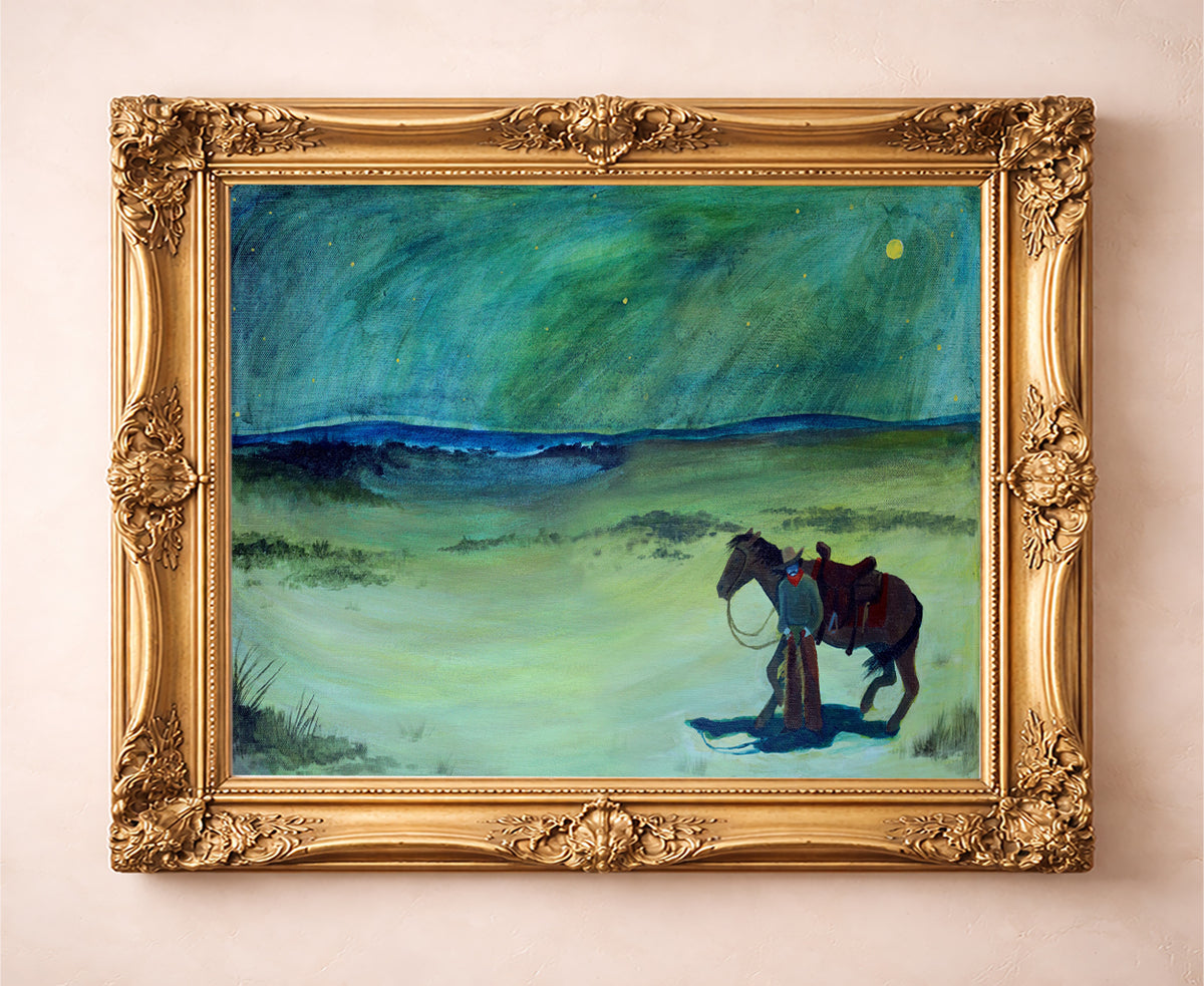 Night Drive Cowboy western art print by Caya Crum in a gold frame