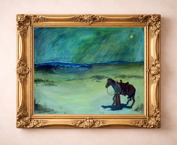 Night Drive Cowboy western art print by Caya Crum in a gold frame