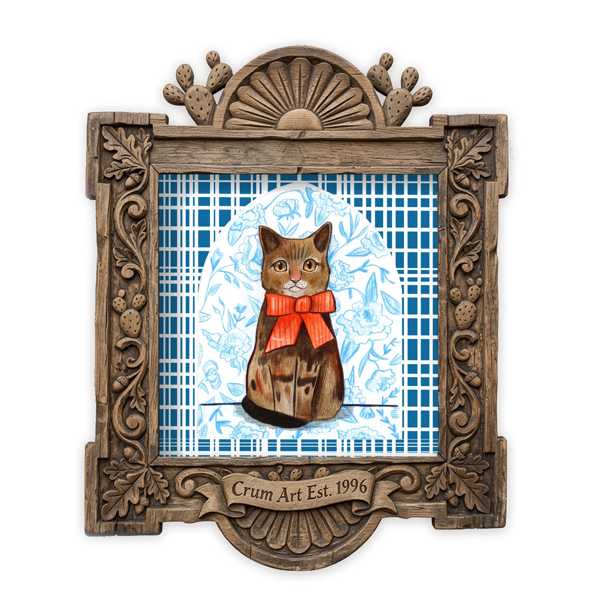 Suki Chinoiserie — cat art print by Caya Crum in a square carved wood frame