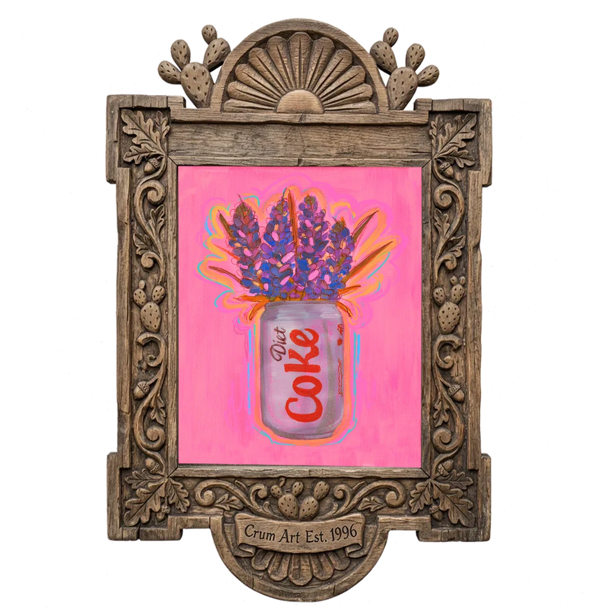 Diet Coke & Bluebonnets — kitchen art print by Caya Crum in a carved wood frame
