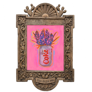 Diet Coke & Bluebonnets — kitchen art print by Caya Crum in a carved wood frame
