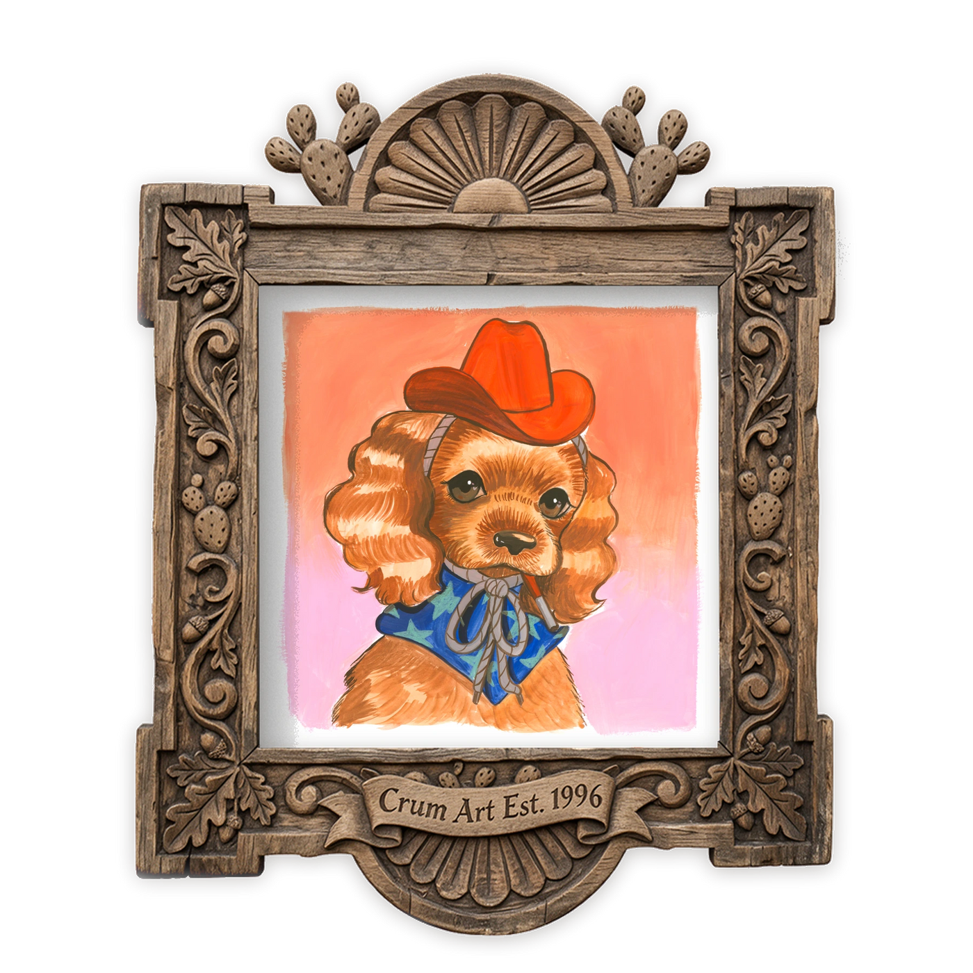Dog Art | Smoking Cowboy Cavalier, Square | Caya Crum — art print in a carved wood frame, Crum Art