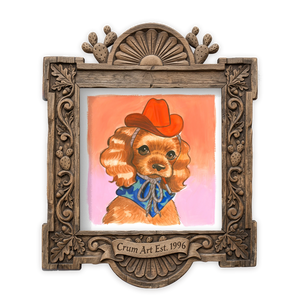 Dog Art | Smoking Cowboy Cavalier, Square | Caya Crum — art print in a carved wood frame, Crum Art