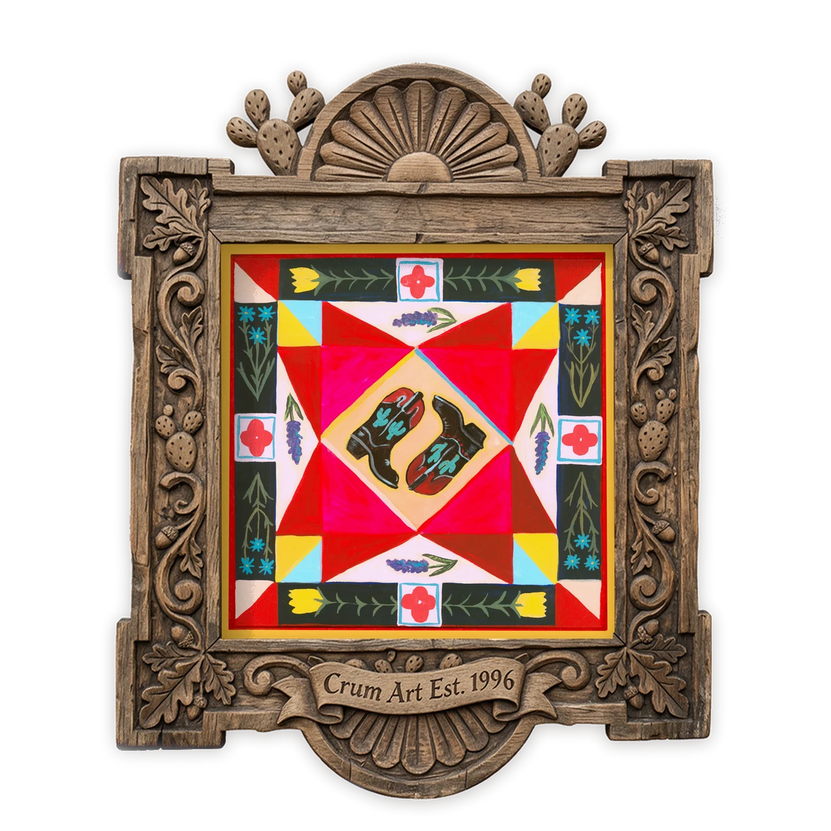 Cowboy Boots Quilt Square — quilt art print of Caya Crum's cowboy boots painting, in a carved wood frame