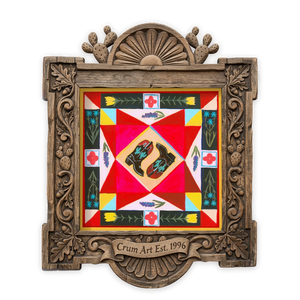 Cowboy Boots Quilt Square — quilt art print of Caya Crum's cowboy boots painting, in a carved wood frame