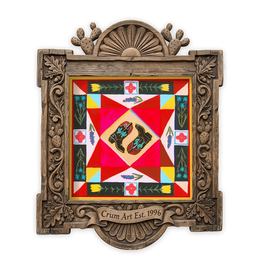 Cowboy Boots Quilt Square — quilt art print of Caya Crum's cowboy boots painting, in a carved wood frame